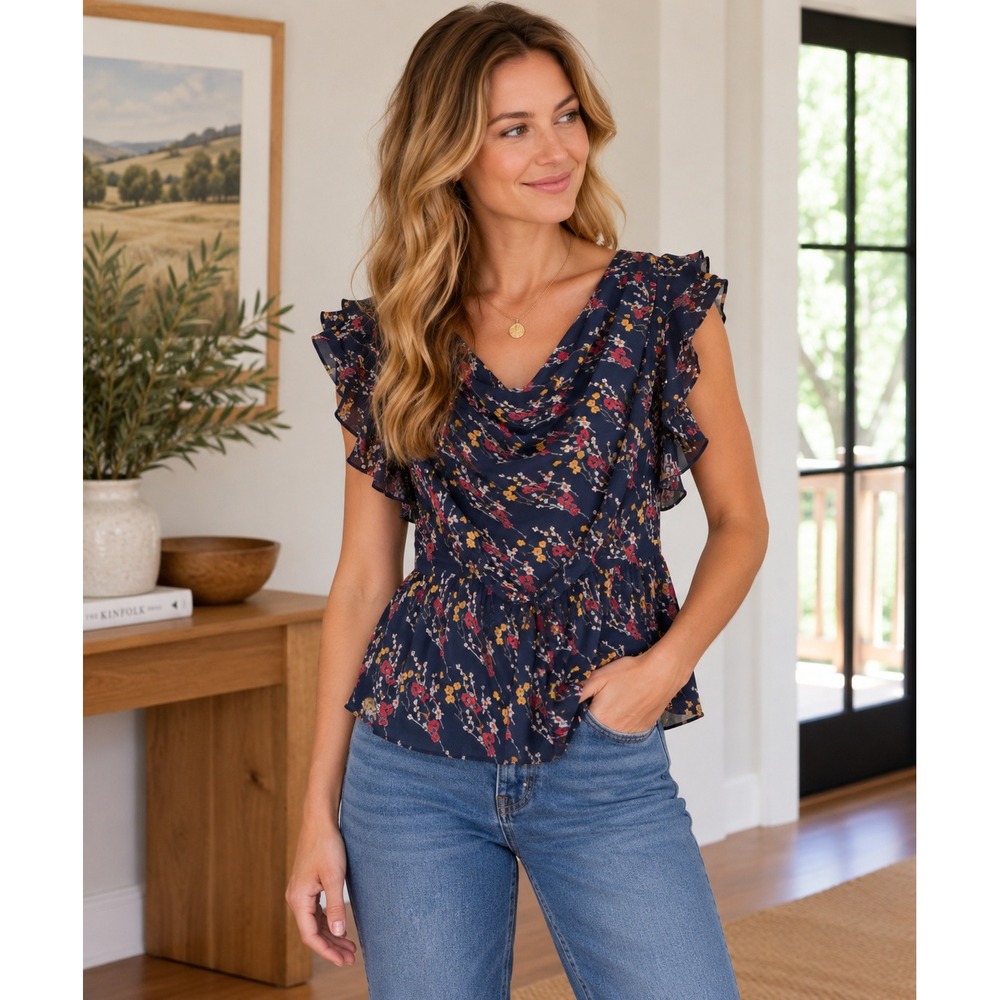 Anthropologie Salix Petal Blouse Odille Cowl Neck Ruffle Sleeve Peplum Silk M